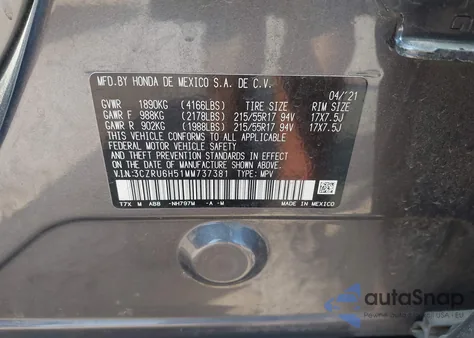 2021 Honda Hr-V Awd Ex из США, поврежденный, VIN 3CZRU6H51MM737381